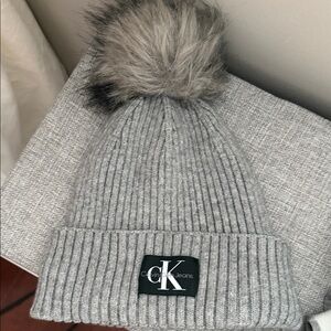 Calvin Klein Kids Ribbed Gray Beanie with Pom-Pom
